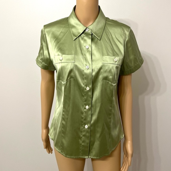 Talbots Women Green Silk Stretch Button Up. Collared Blouse Size 8 Petite - Picture 1 of 8